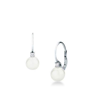 Picture of Pair of hook-of-earrings with cultivated pearl and diamond in white gold