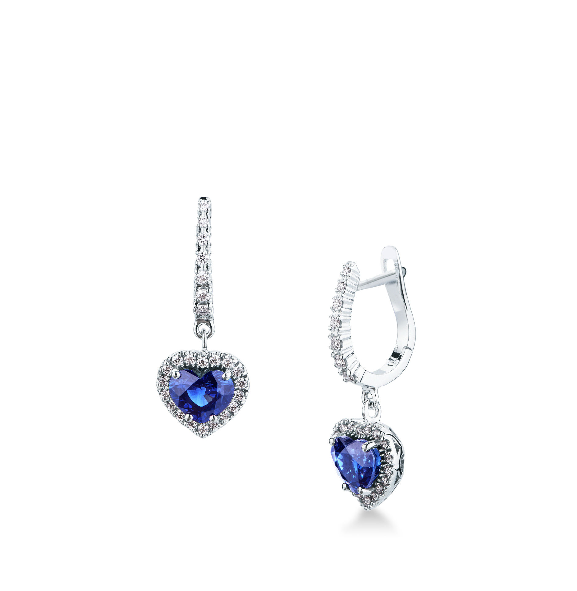 Pareja de pendientes gancho con muelle con zafiro y diamante en oro blanco