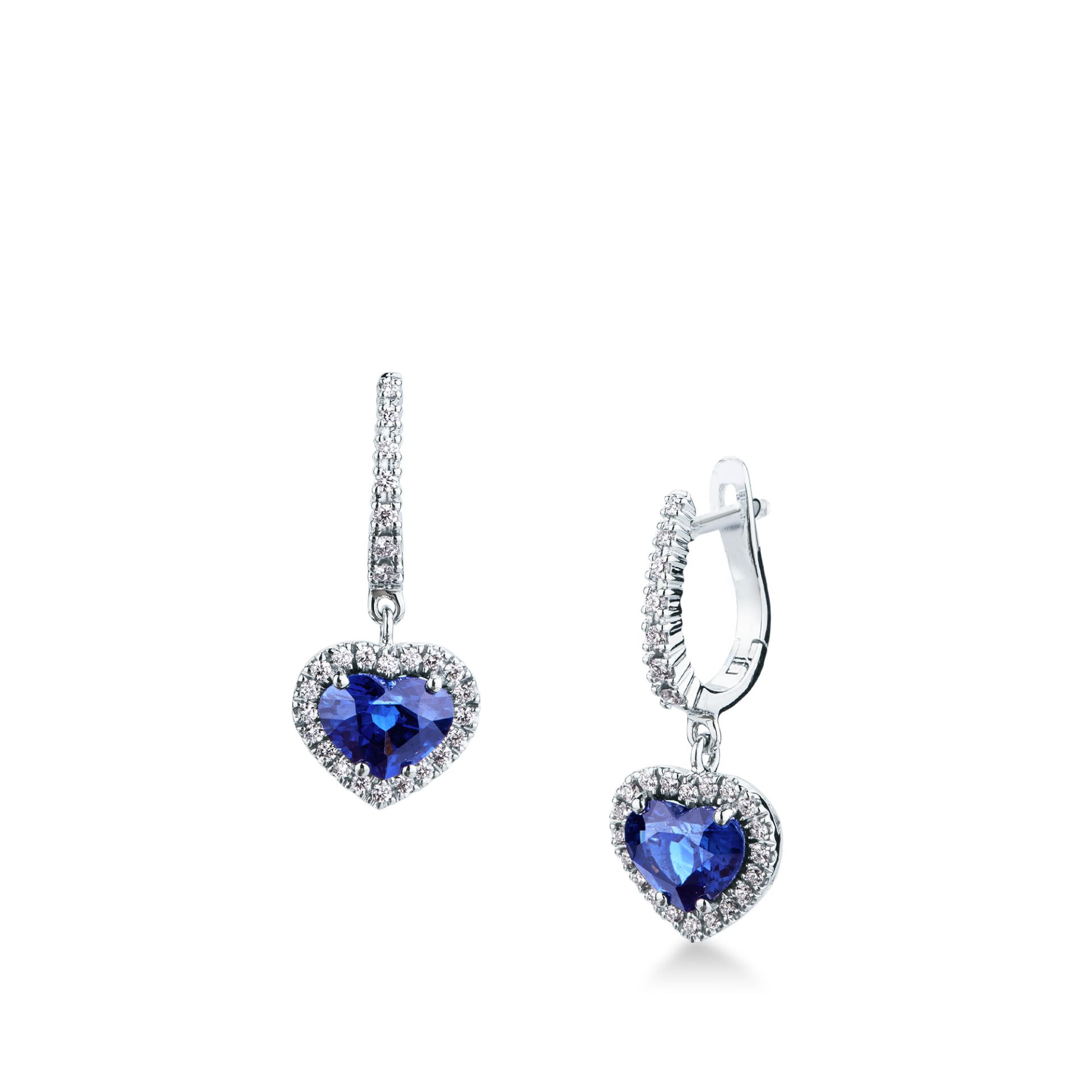 Pareja de pendientes gancho con muelle con zafiro y diamante en oro blanco