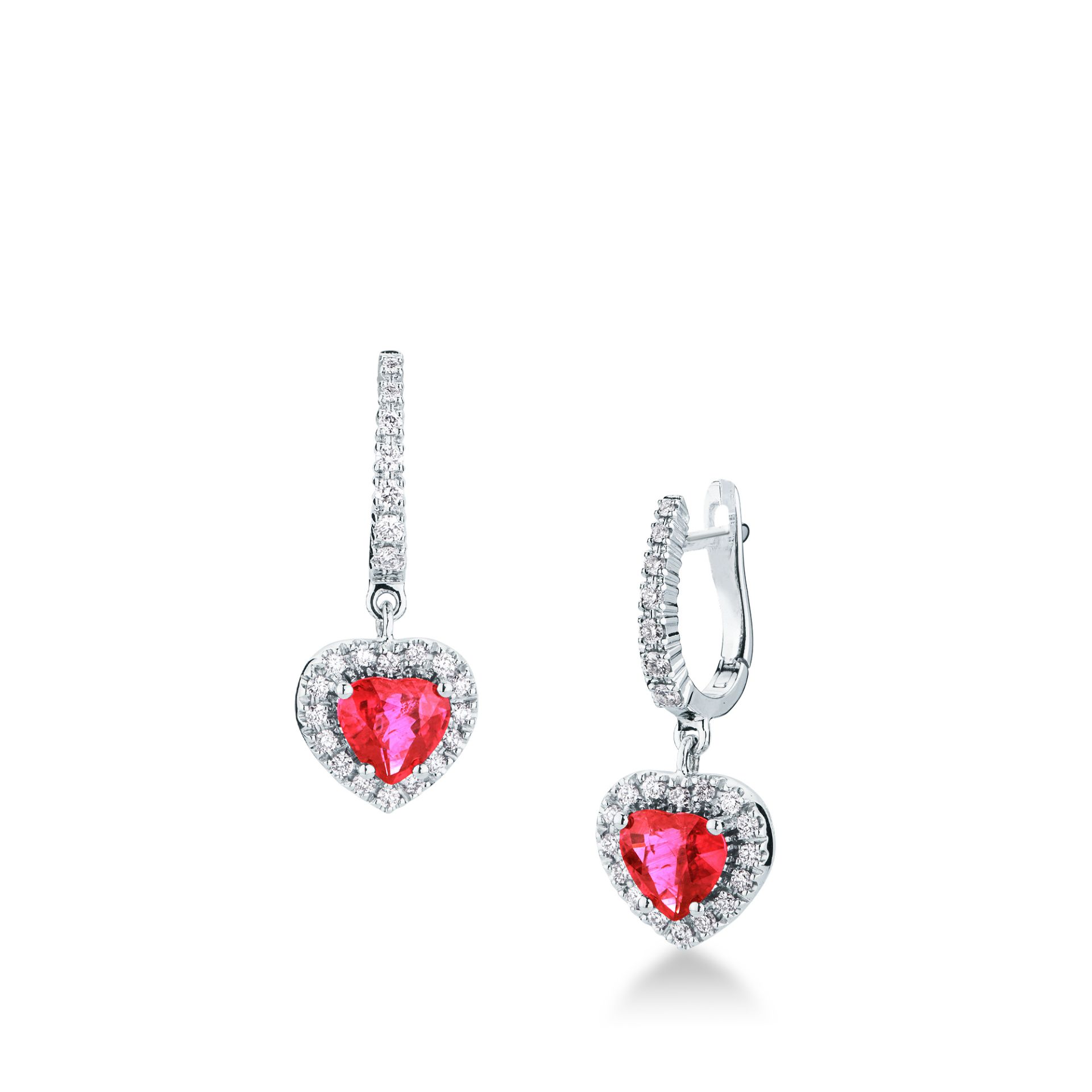 Pareja de pendientes gancho con muelle con rubí y diamante en oro blanco