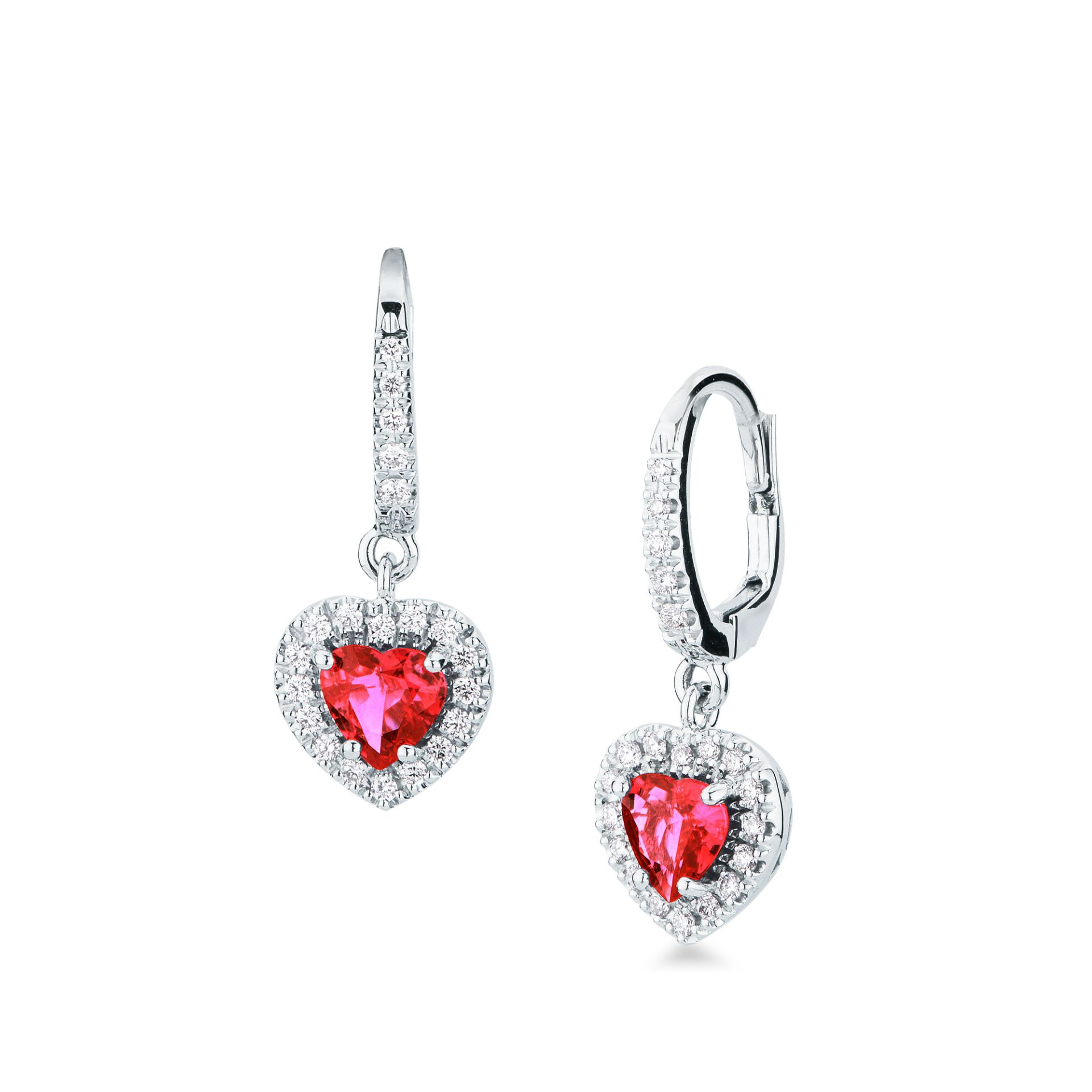 Pair of hook-of-earrings with ruby and diamond in white gold