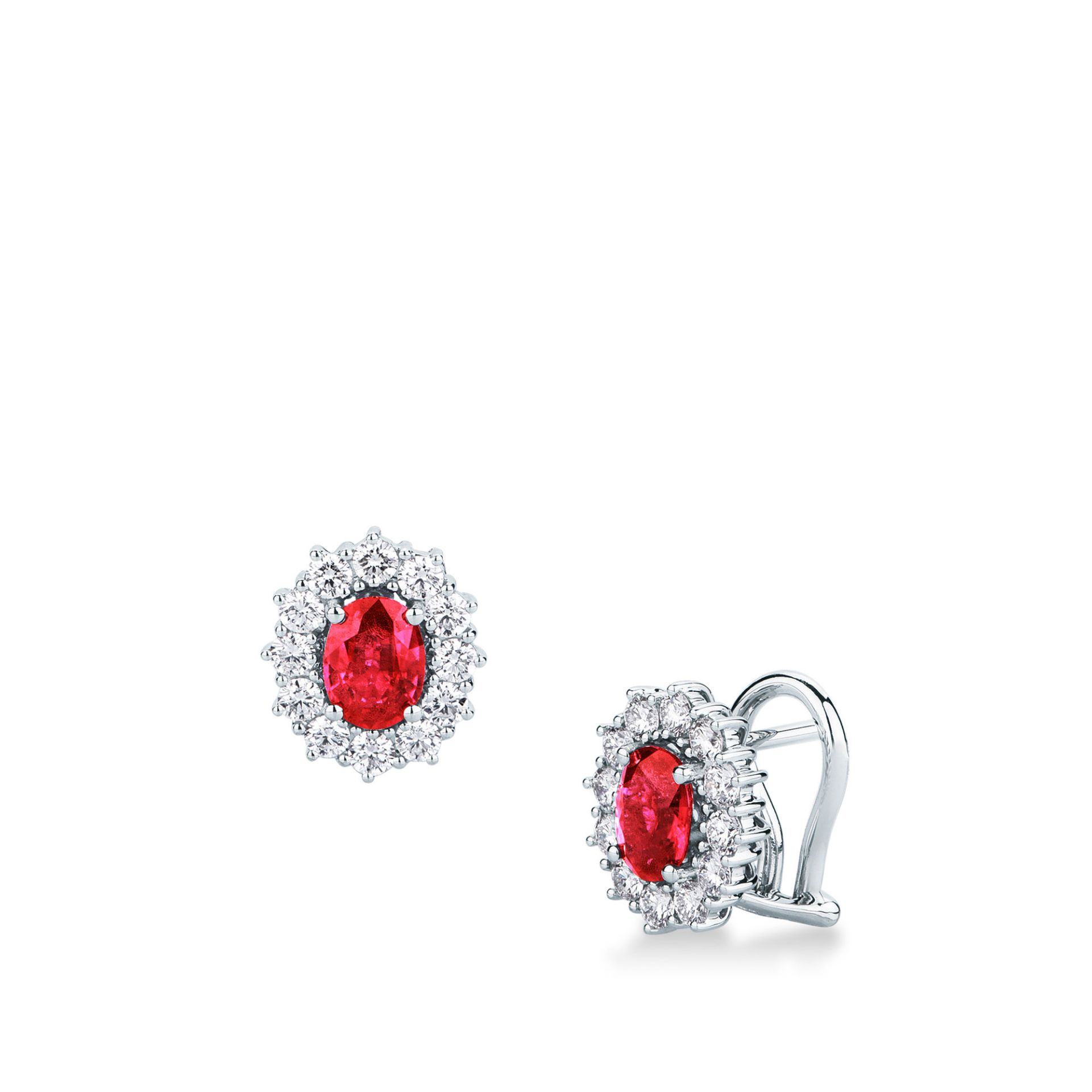 Pareja de pendientes de clip con rubí y diamante en oro blanco