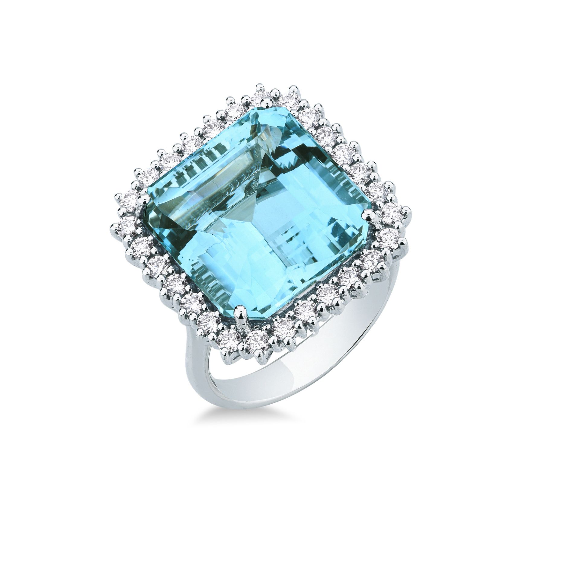 Anillo con aguamarina y diamante en oro blanco