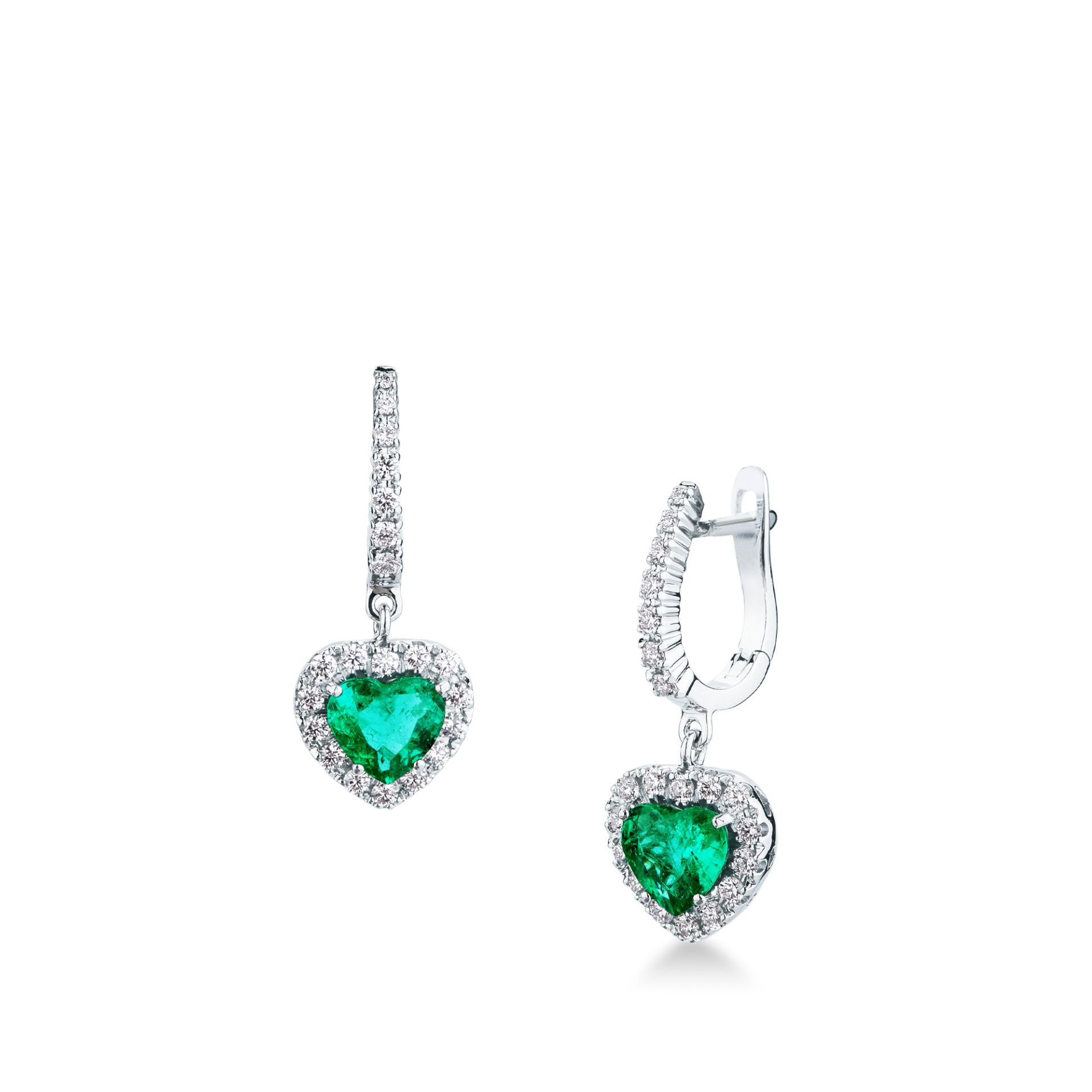 Pareja de pendientes gancho con muelle con esmeralda y diamante en oro blanco
