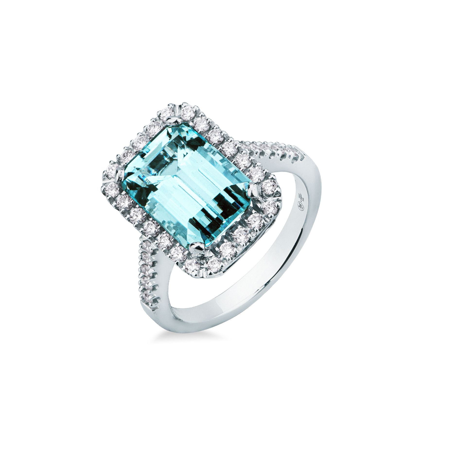 Anello con Acquamarina Ottagonale e Diamanti in Oro Bianco