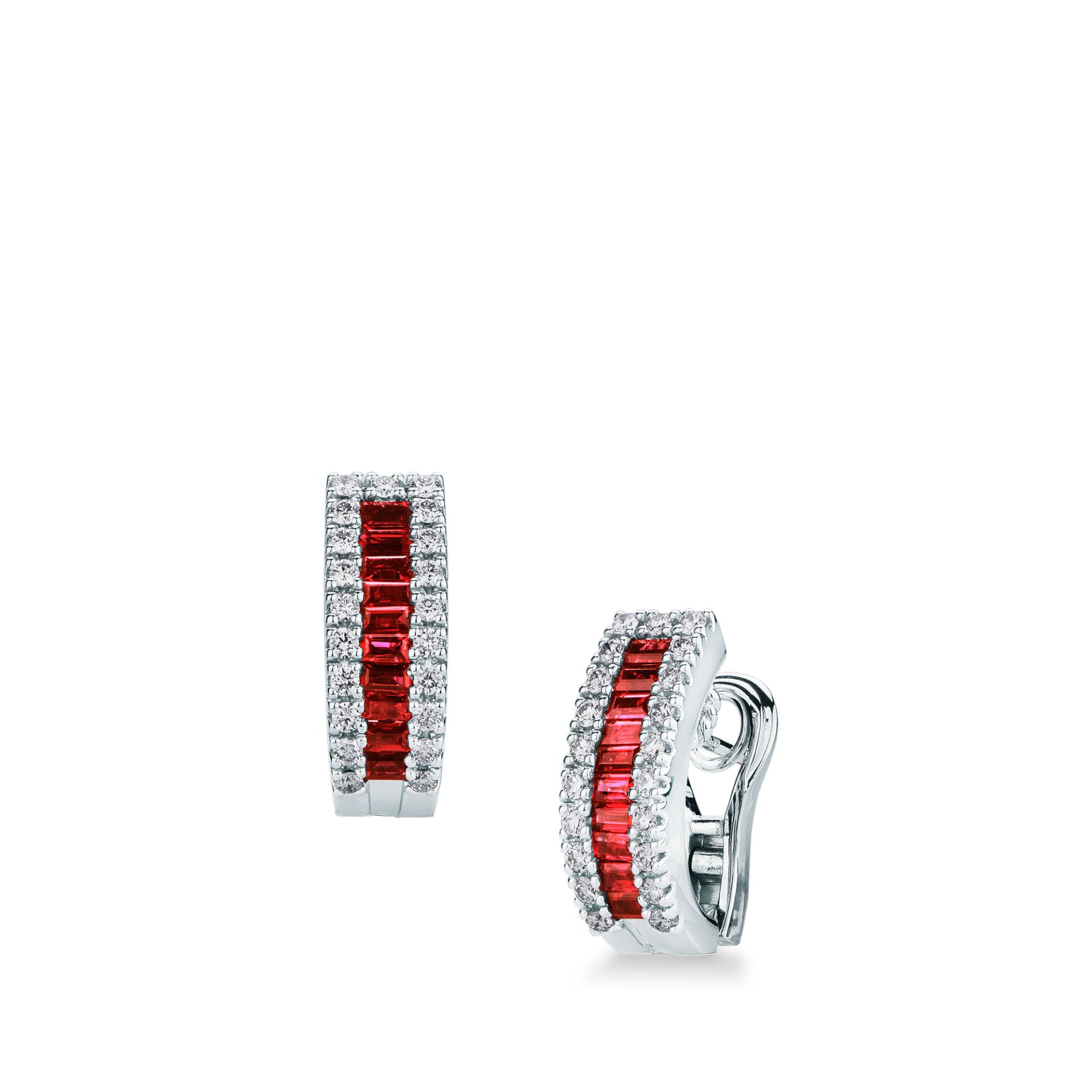 Pareja de pendientes de clip con rubí y diamante en oro blanco