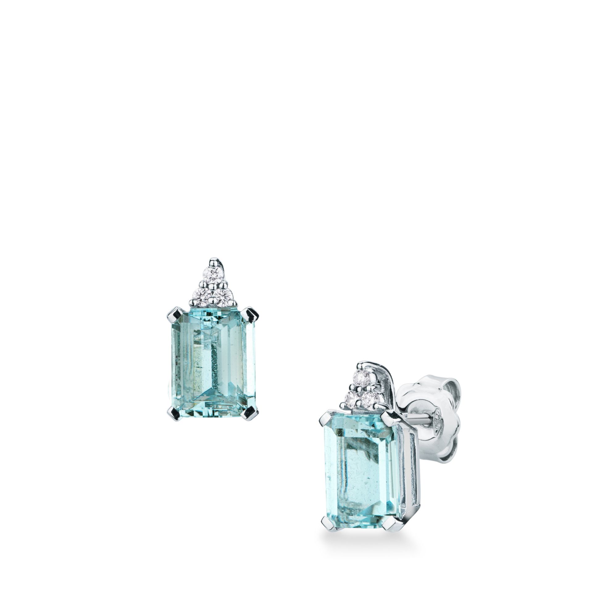 Pareja de pendientes de ballestilla con aguamarina y diamante en oro blanco