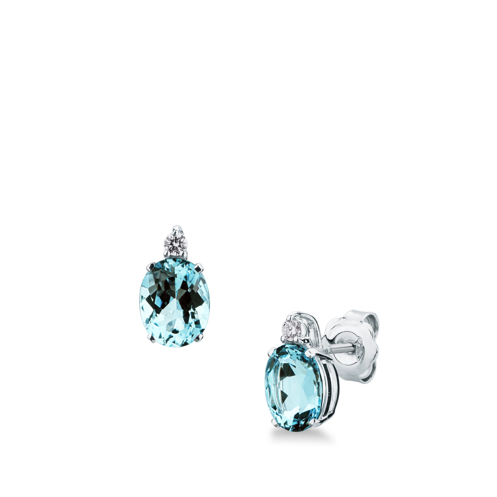 Pareja de pendientes de ballestilla con aguamarina y diamante en oro blanco