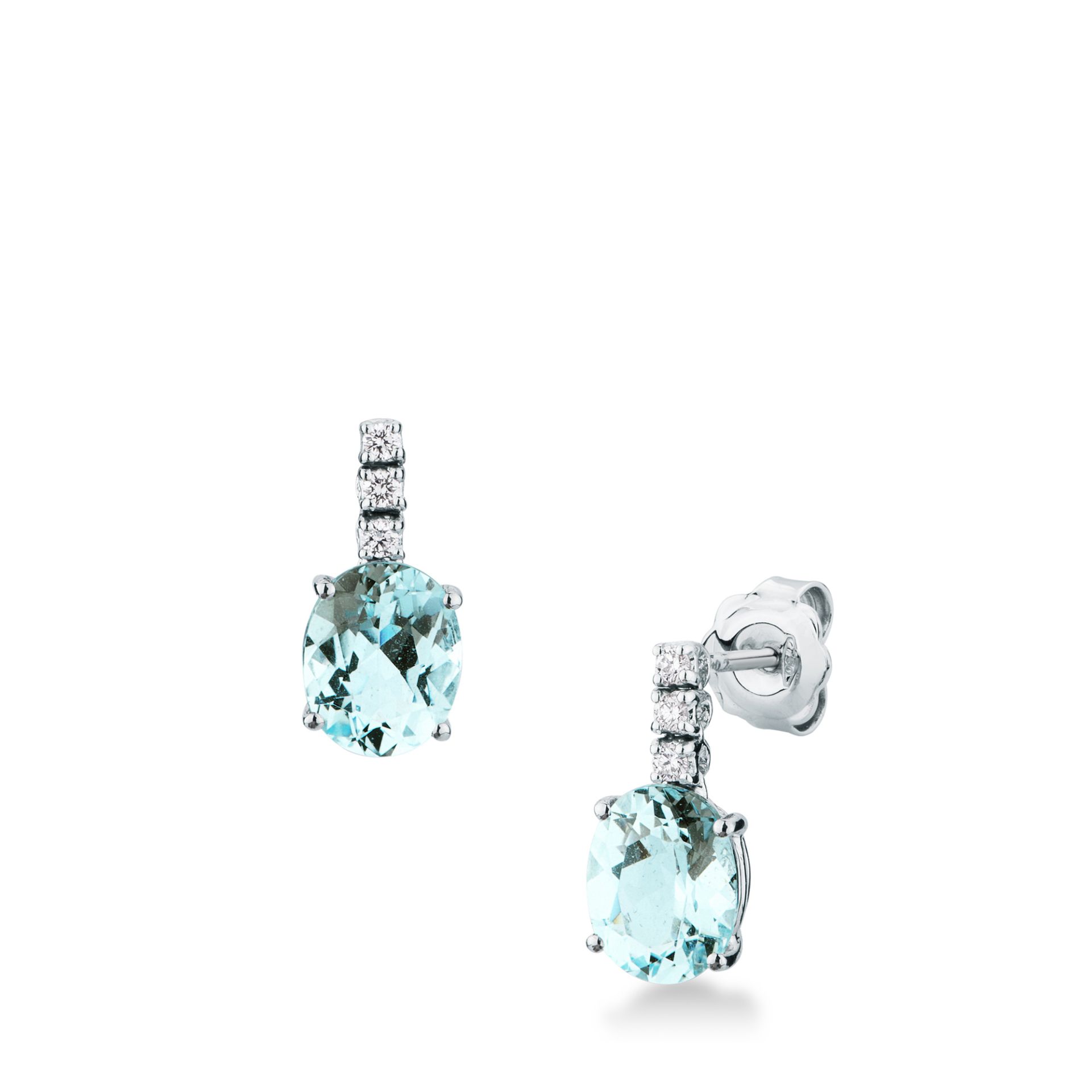 Pareja de pendientes de ballestilla con aguamarina y diamante en oro blanco