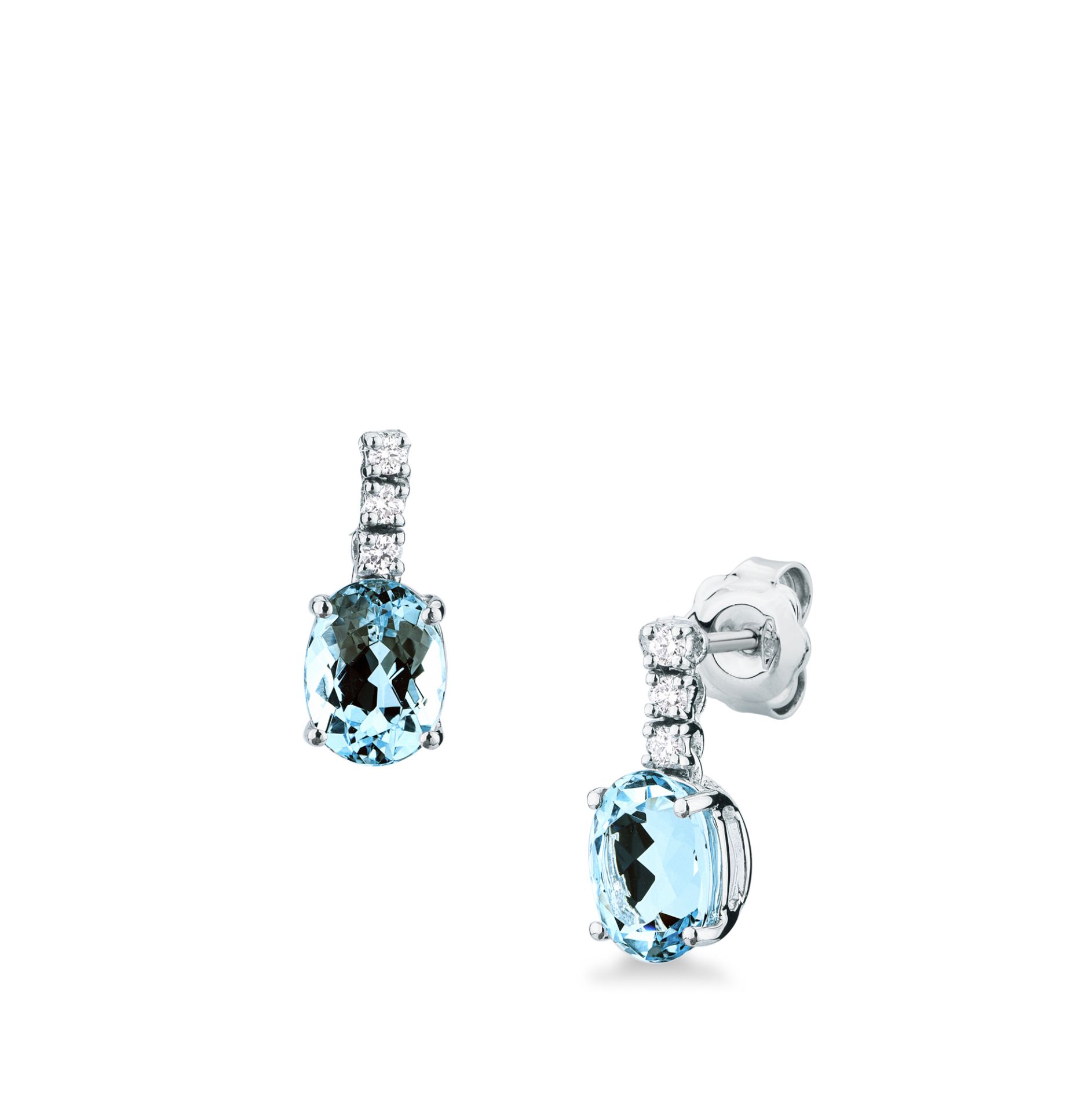 Pareja de pendientes de ballestilla con aguamarina y diamante en oro blanco