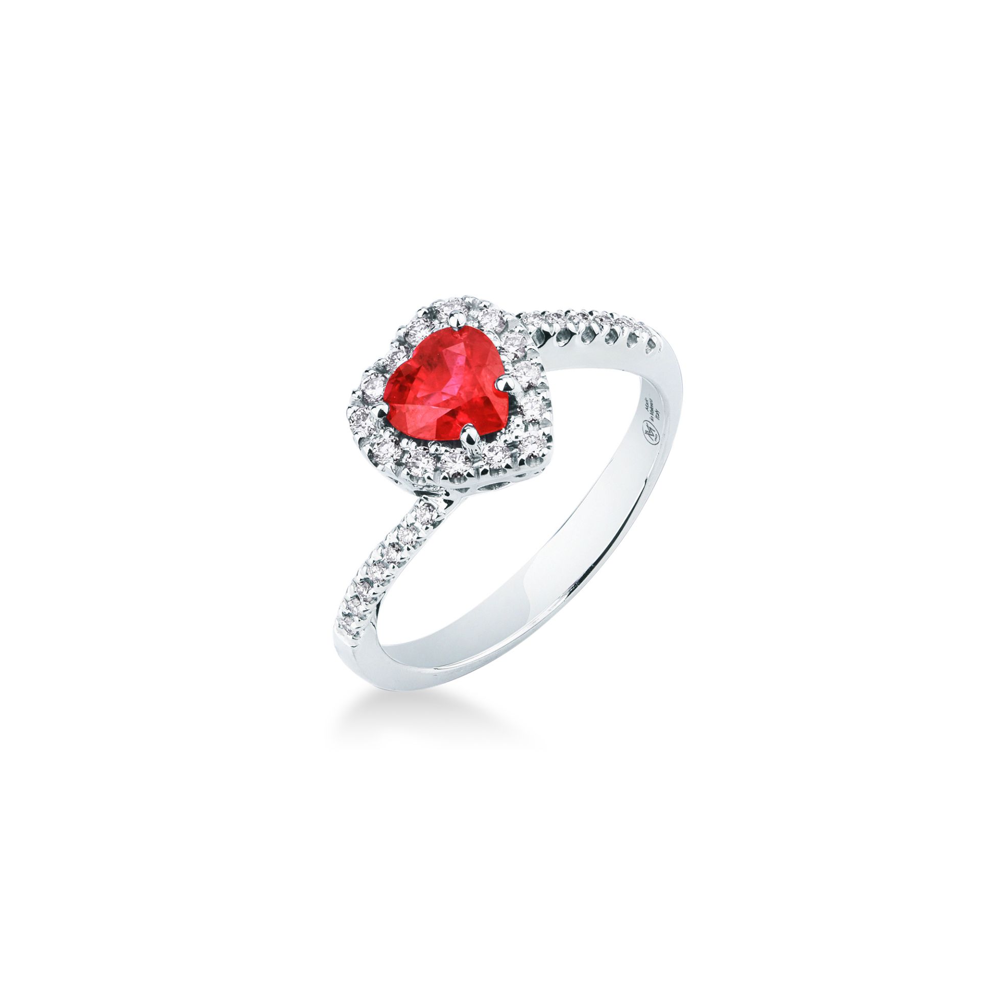 Anello con Rubino a Cuore e Diamanti in Oro Bianco