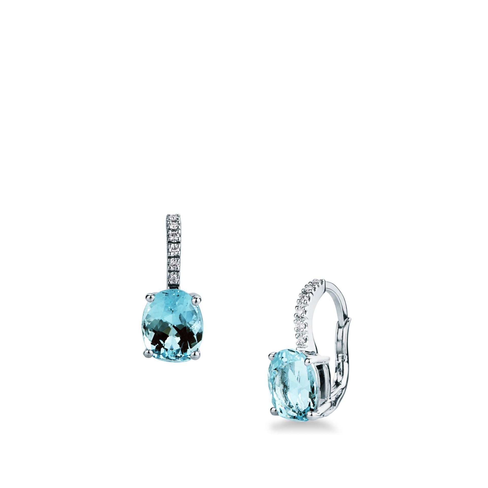 Pair of hook-of-earrings with aquamarine and diamond in white gold