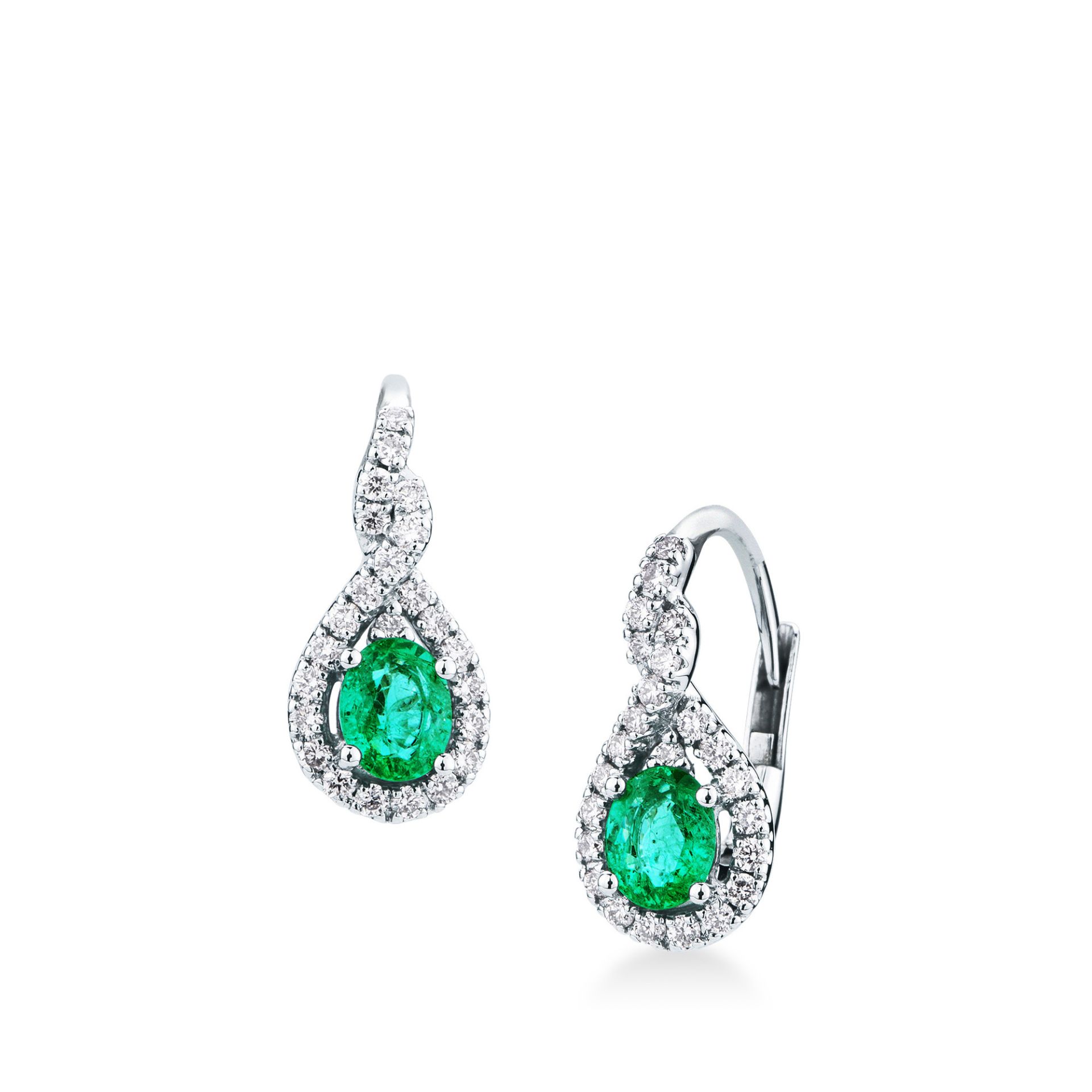 Pareja de pendientes gancho con muelle con esmeralda y diamante en oro blanco
