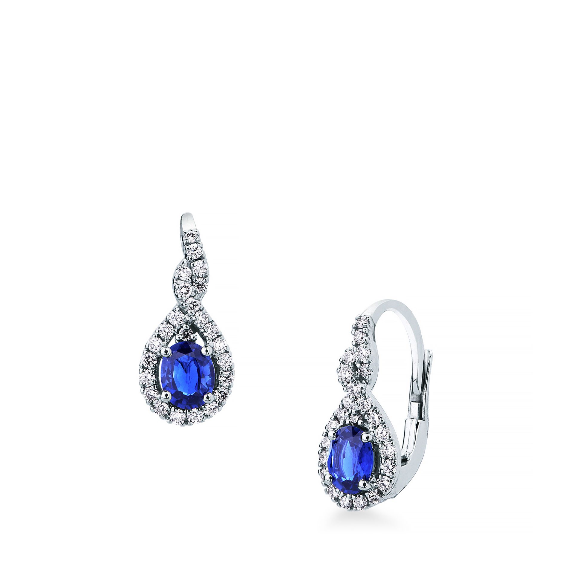 Pareja de pendientes gancho con muelle con zafiro y diamante en oro blanco