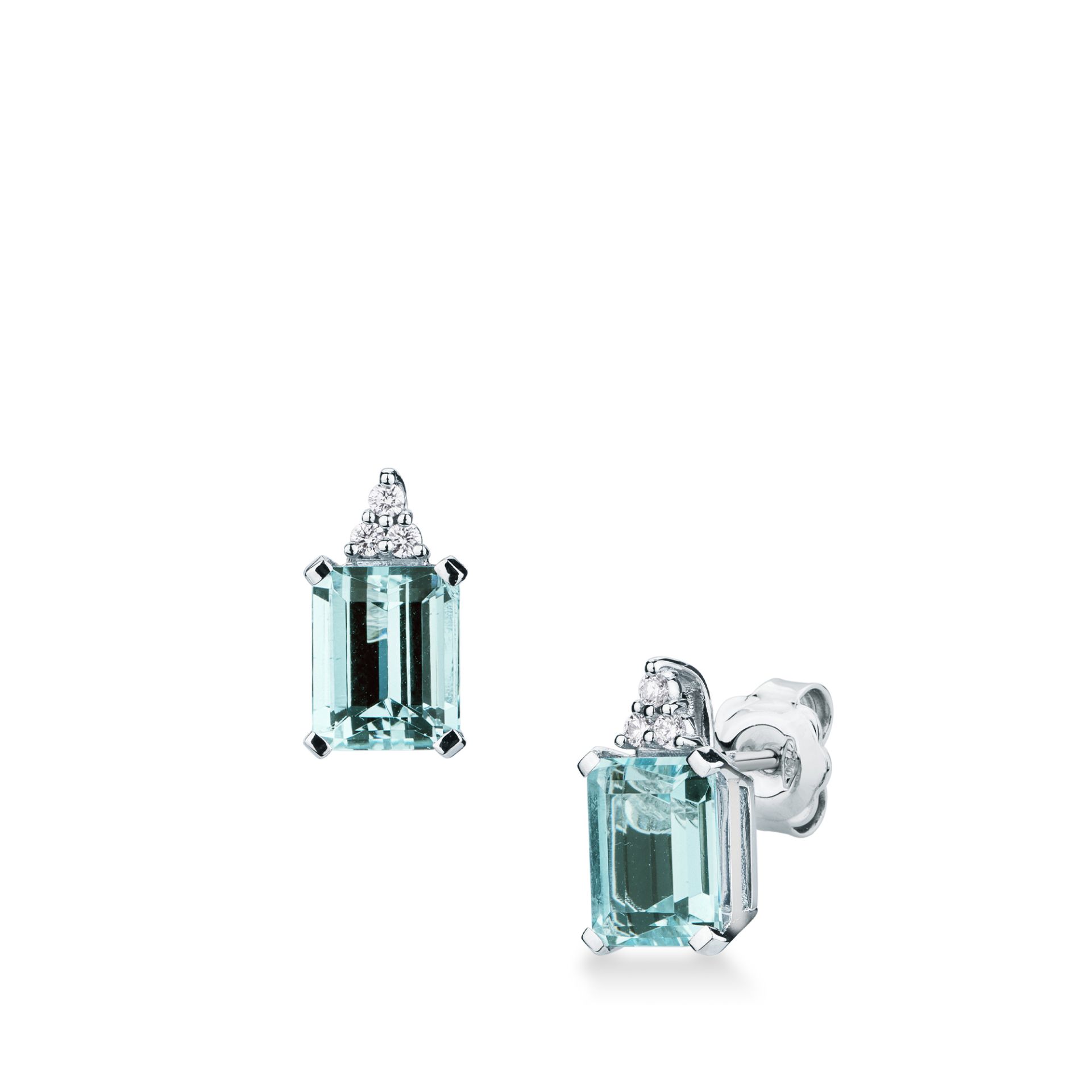 Pareja de pendientes de ballestilla con aguamarina y diamante en oro blanco