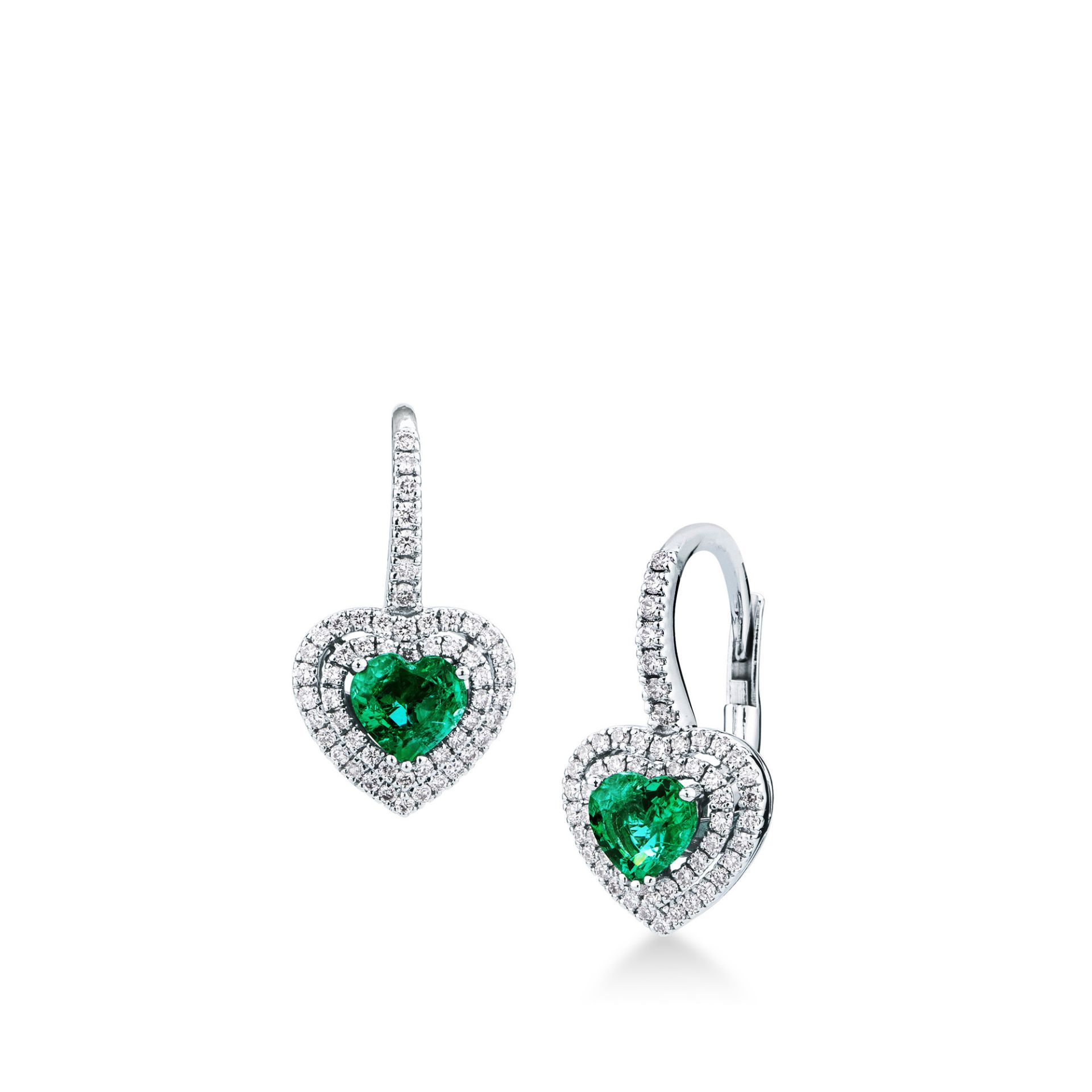 Pareja de pendientes gancho con muelle con esmeralda y diamante en oro blanco
