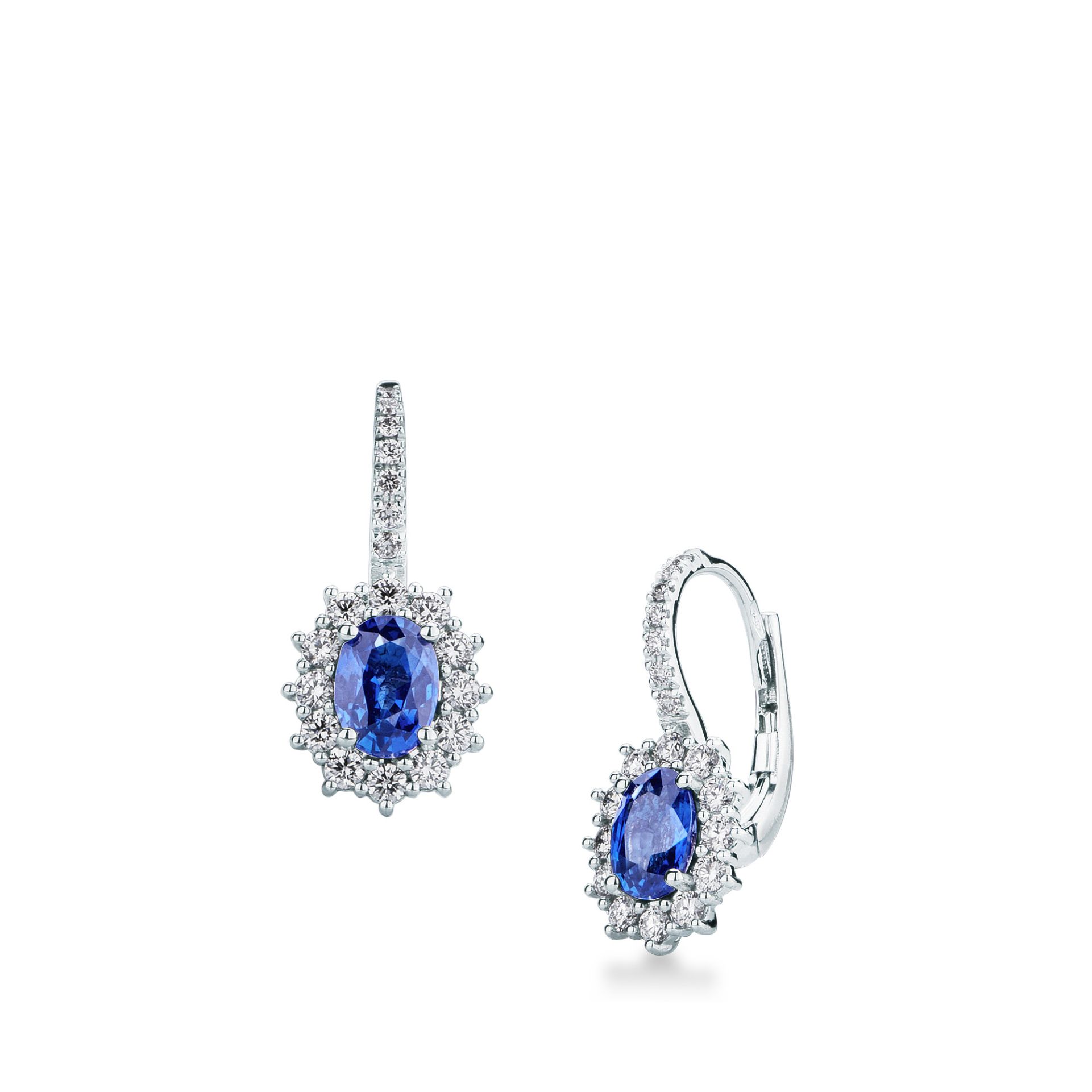 Pareja de pendientes gancho con muelle con zafiro y diamante en oro blanco