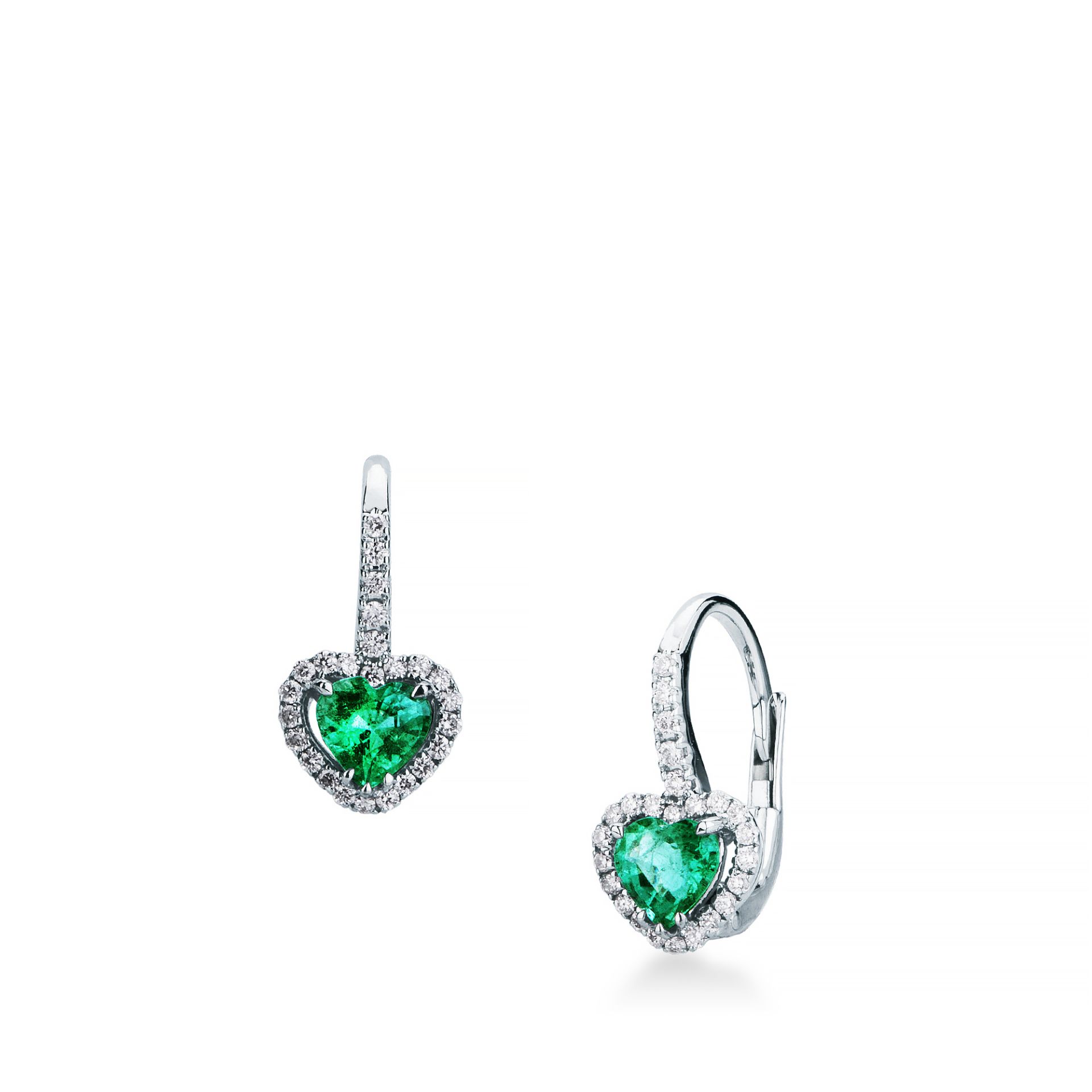 Pareja de pendientes gancho con muelle con esmeralda y diamante en oro blanco