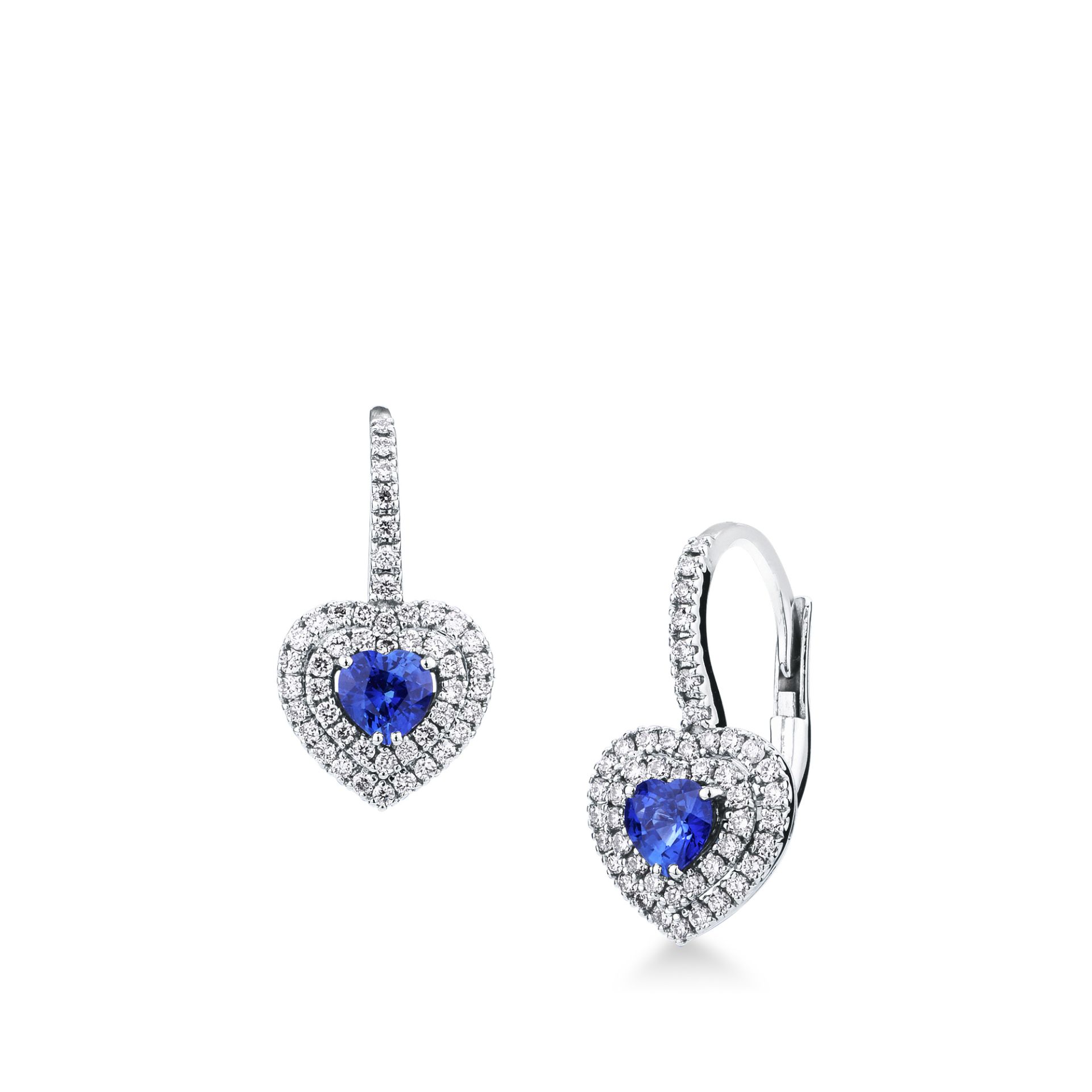 Pareja de pendientes gancho con muelle con zafiro y diamante en oro blanco