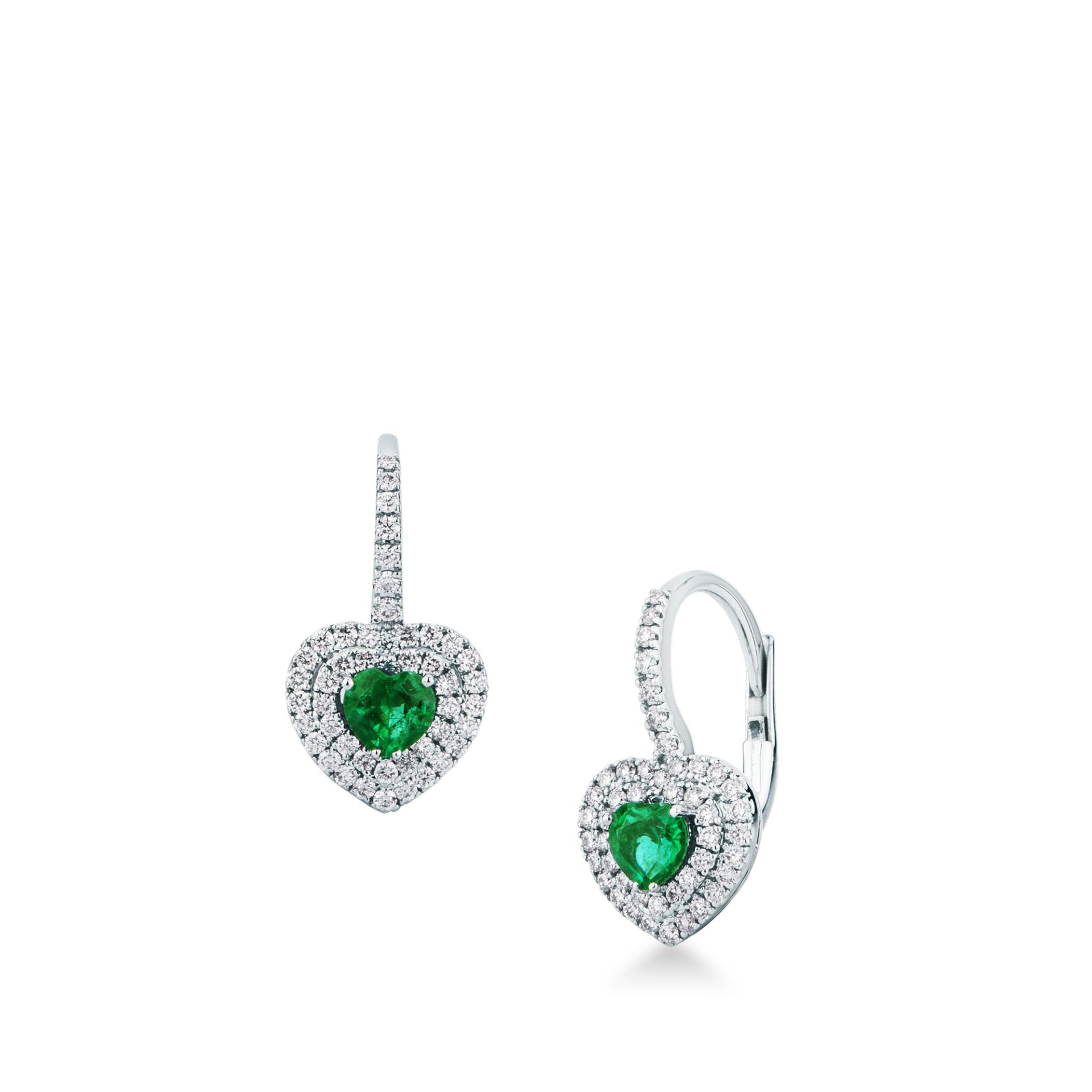 Pareja de pendientes gancho con muelle con esmeralda y diamante en oro blanco