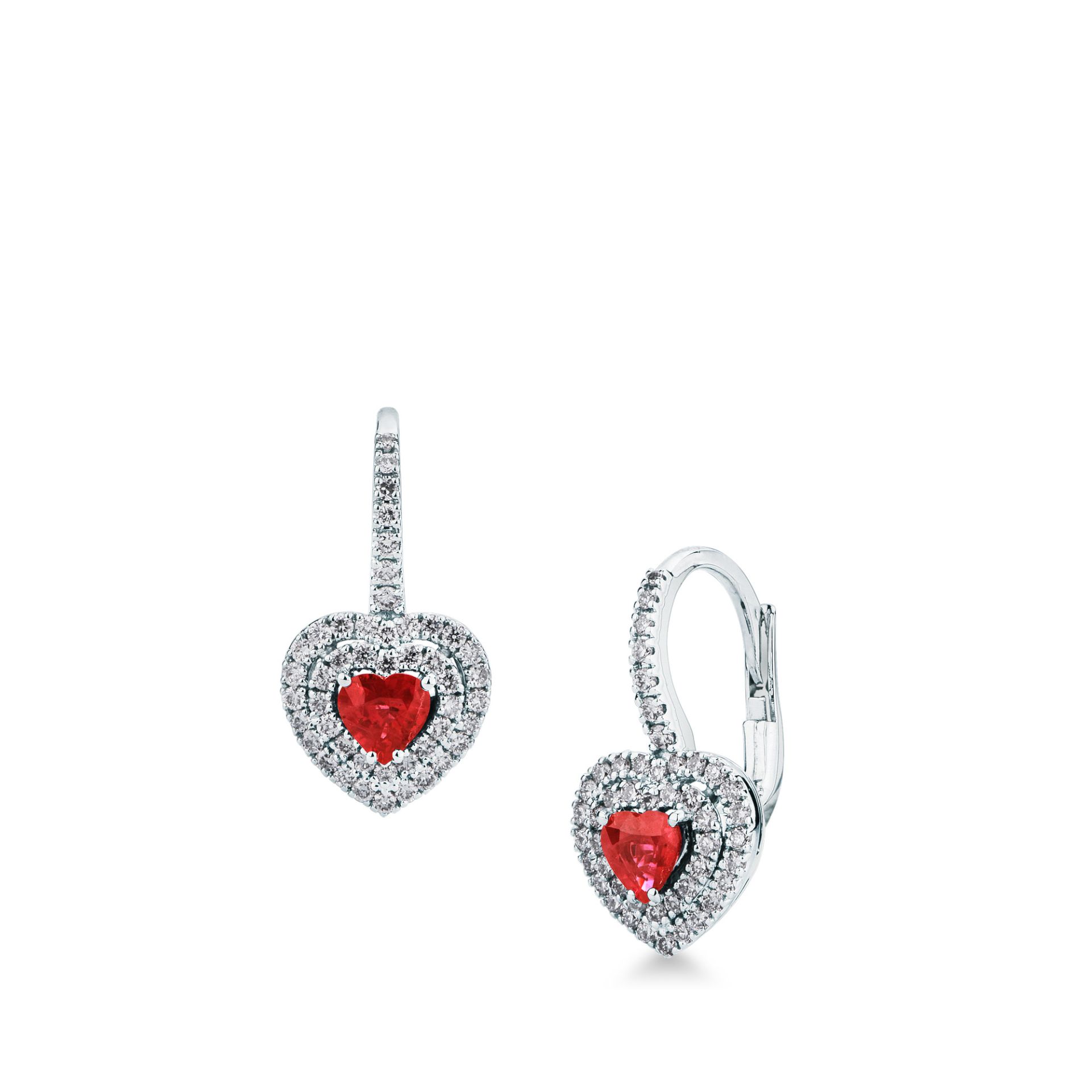 Pareja de pendientes gancho con muelle con rubí y diamante en oro blanco